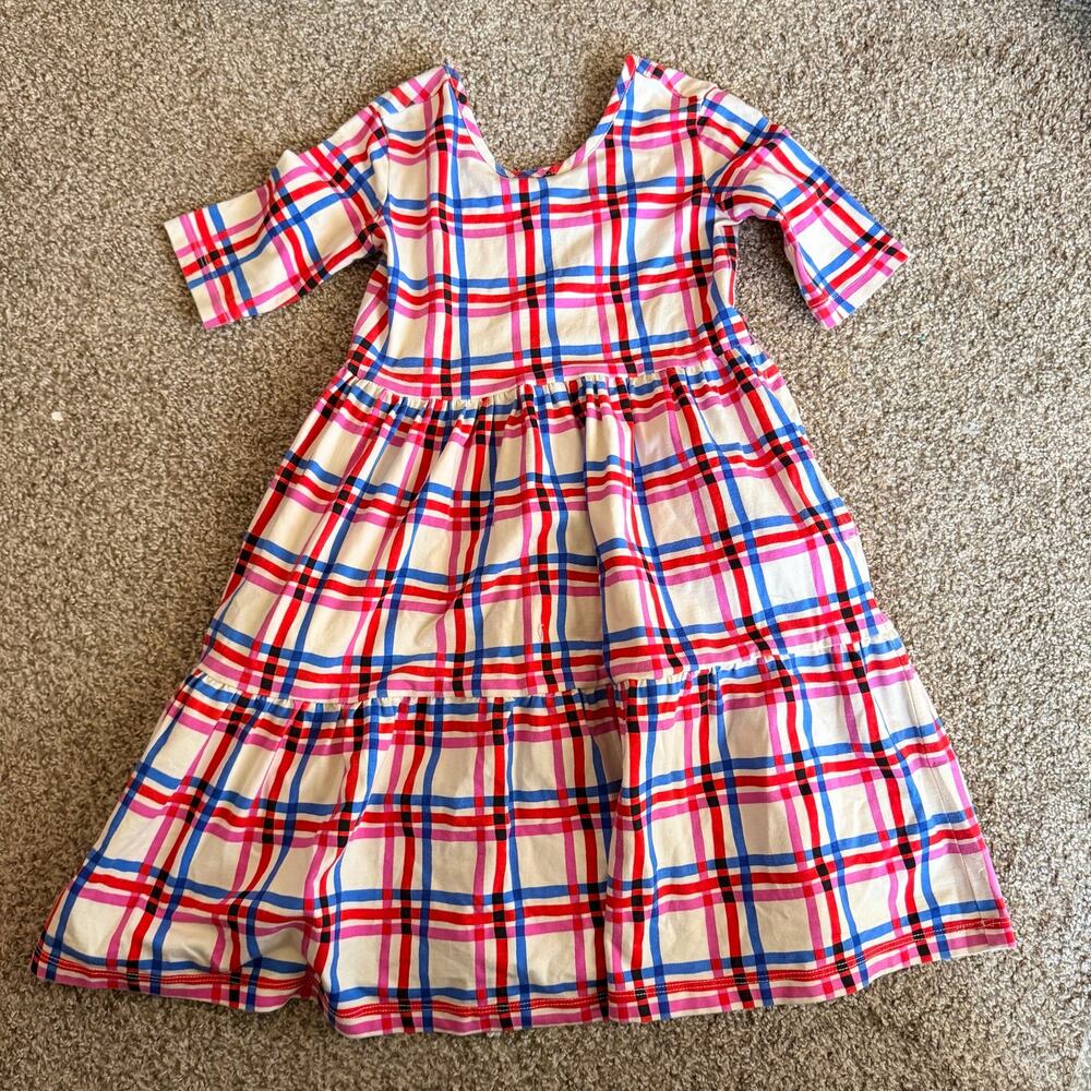 Hanna Andersson Plaid Tiered Skater Dress Size 6-7 Red Blue White